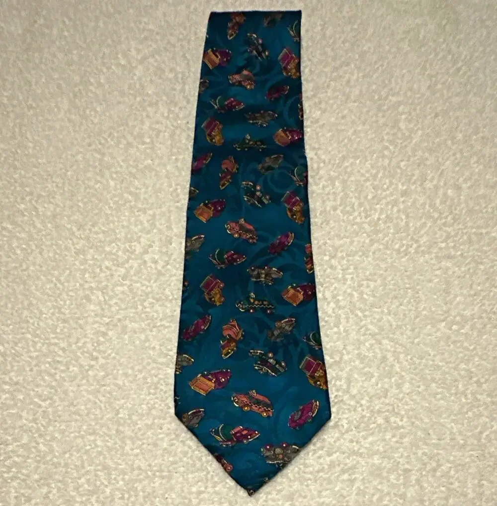 Maga Men’s 100% Silk Woven Pointed Tie, Novelty Cars Print Blue